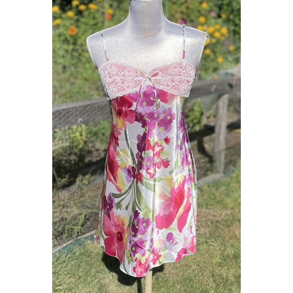 Vintage Morgan Taylor Slip Dress Peignoir Robe Lingerie Set M Pink Floral Satin - Picture 1 of 11